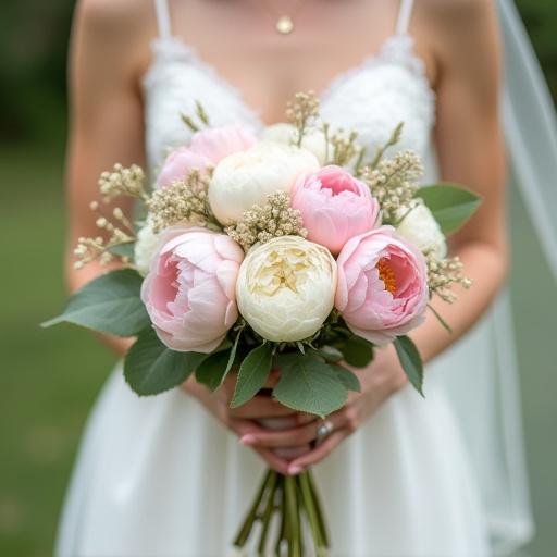 Bouquet da sposa con peonie e fiori di campo